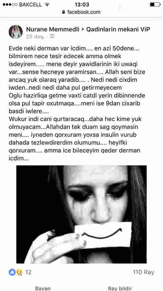 Azərbaycanlı qız bu statusu yazıb    İNTİHAR ETDİ (FOTO)