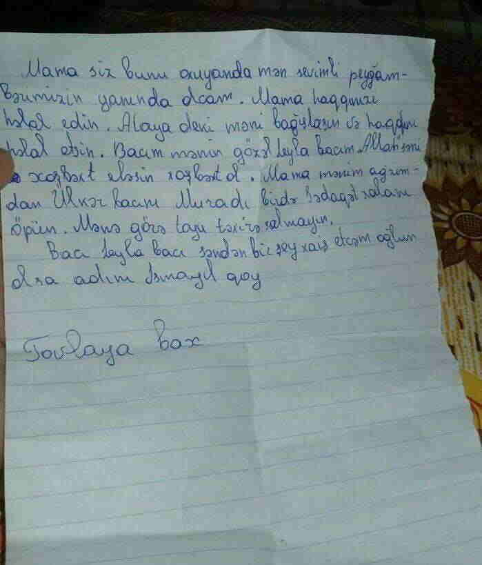 İntihar edən 7-ci sinif şagirdinin  SON MƏKTUBU: Mənə görə toyu təxirə salmayın