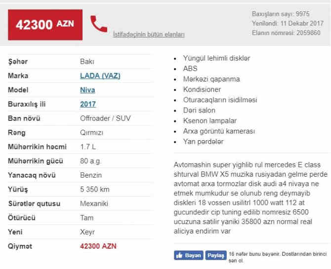 Bakıda 42 min manata Niva  SATIŞA ÇIXARILDI (FOTO)
