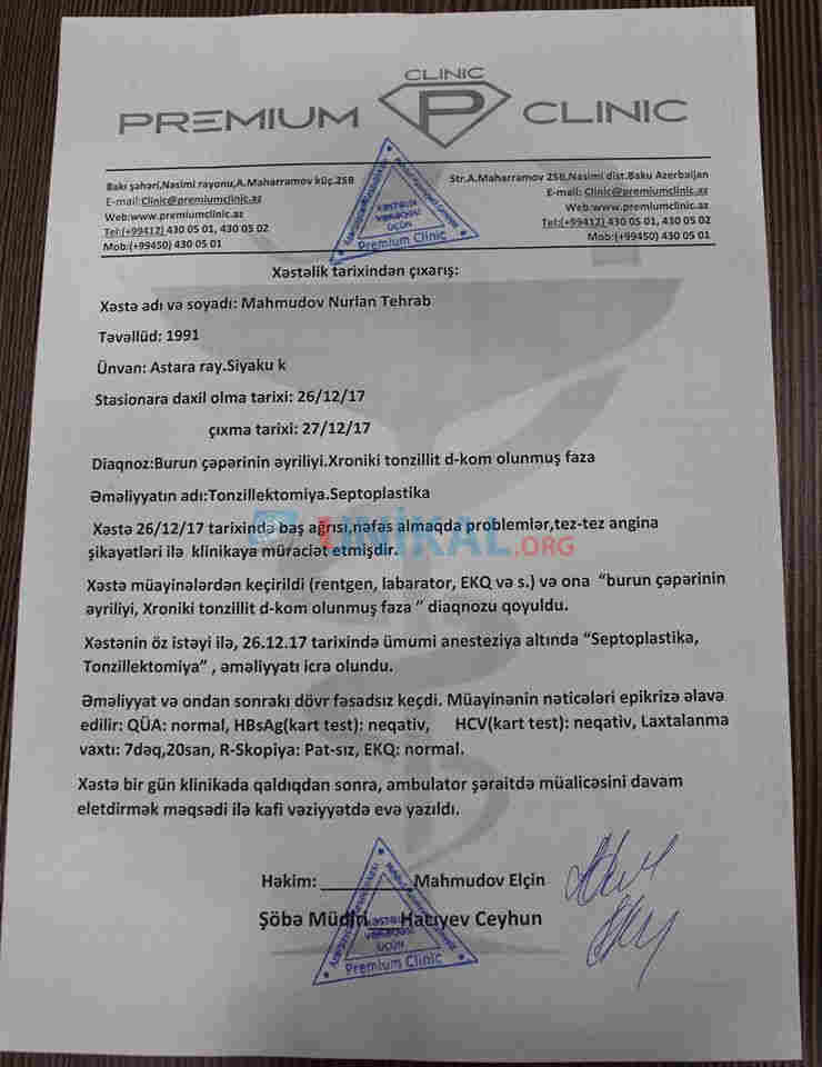 Premium Clinic şikayətçinin adından   yalan məlumat yaydı â€“ FOTOLAR