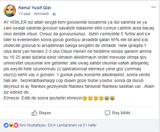 Aktrisadan qalmaqallı paylaşım:   Ay kişilər, görüşəndə dul qadınla görüşün, savabdır