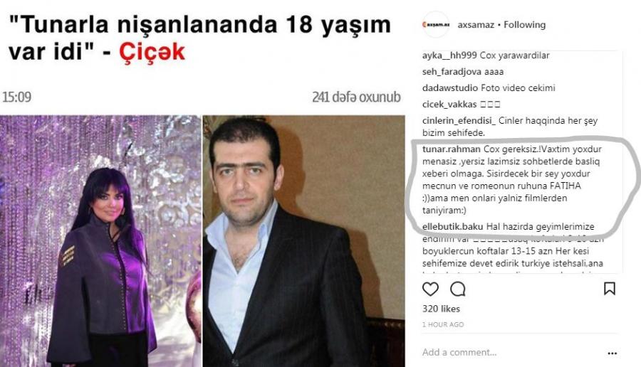 Tunar keçmiş sevgilisi Çiçəyə cavab verdi:  ...ruhuna fatihə - FOTO