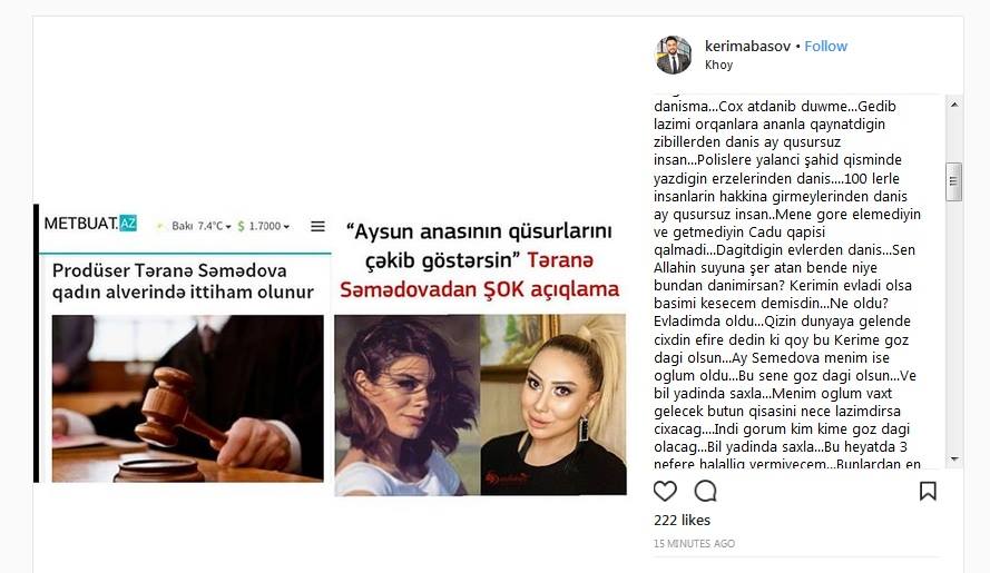 Təranənin Aysunla bağlı dediklərinə    Kərimdən SƏRT CAVAB: Məni əxlaqsız, şərəfsiz elədin