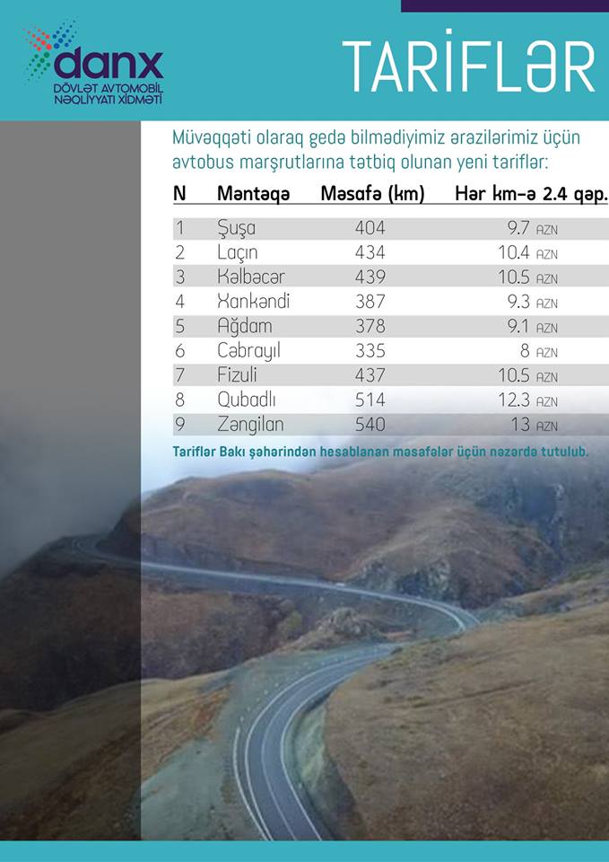 Şuşaya, Kəlbəcərə, Cəbrayıla, Zəngilana, Ağdama   gedişhaqqları açıqlandı