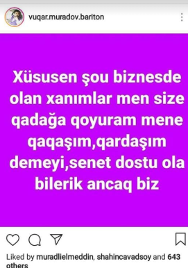 Şou-biznesdəki xanımlar mənə qaqaşım, qardaşım deməsin  - Vüqar