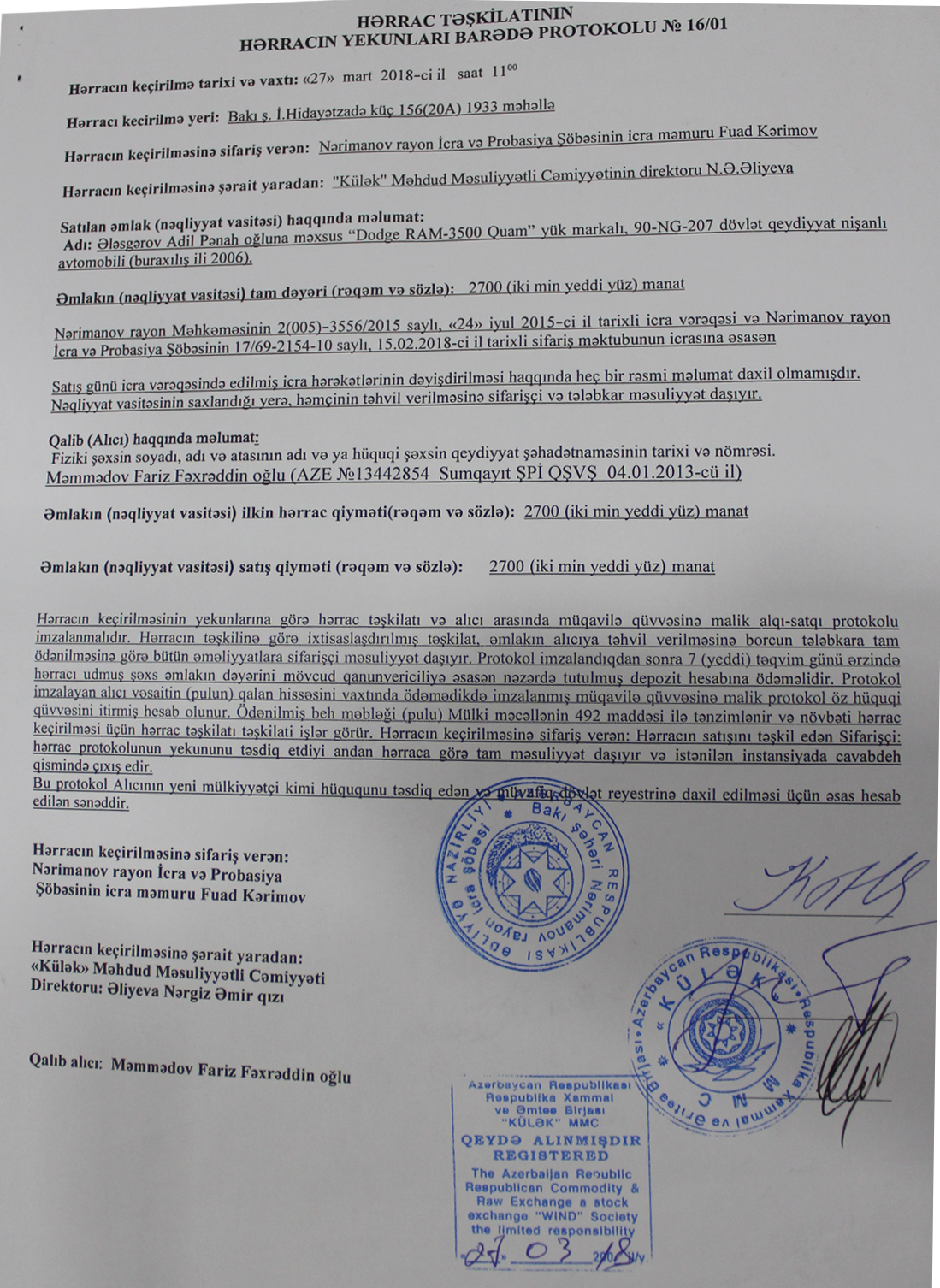 Külək MMC-nin keçirdiyi hərracda SAXTAKARLIQ:  Dodge maşını qazandı, amma başqasına satıldı... (FOTOLAR)